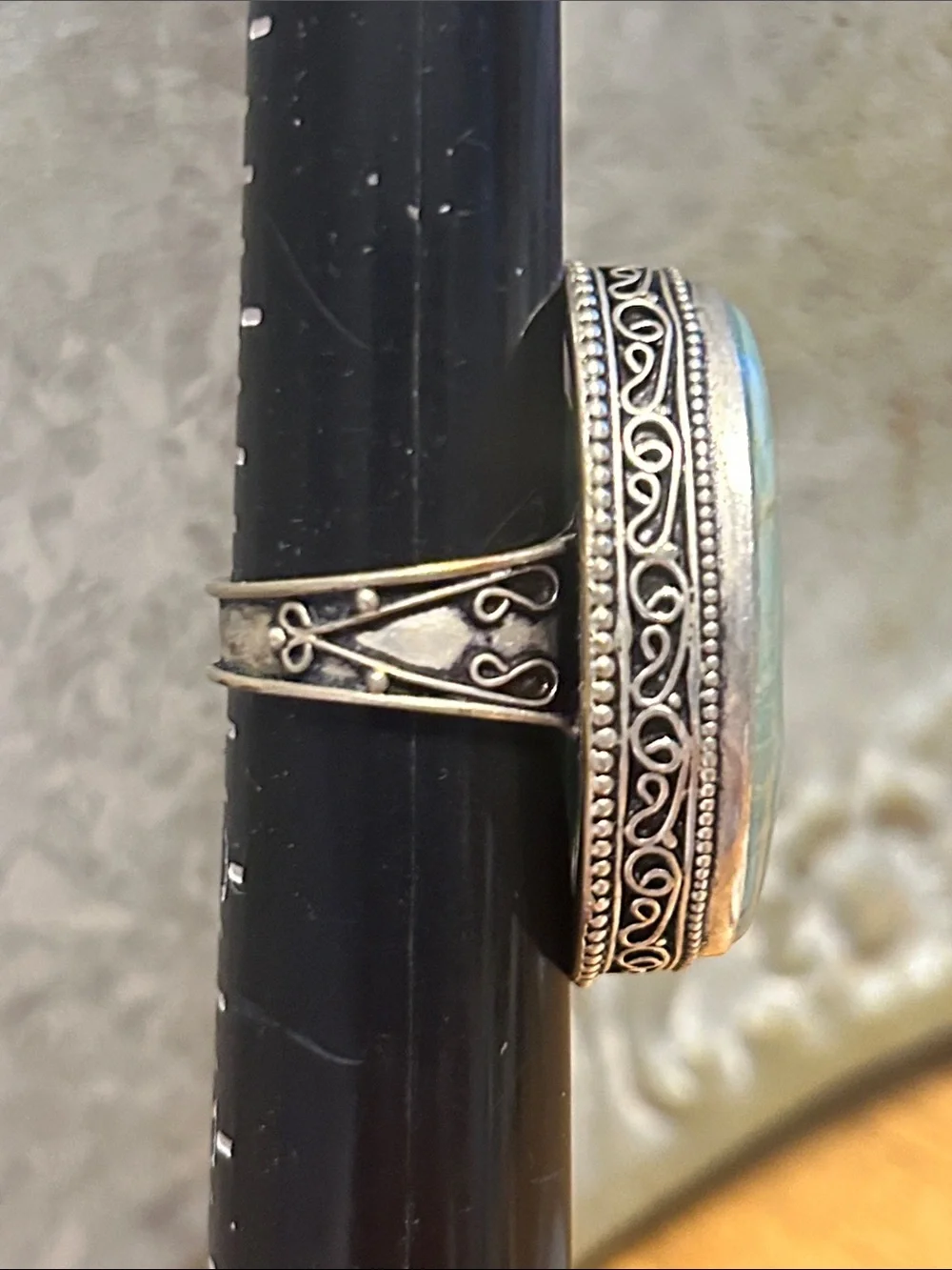 Silver Oval Statement Ring - Blue-Green Stone
